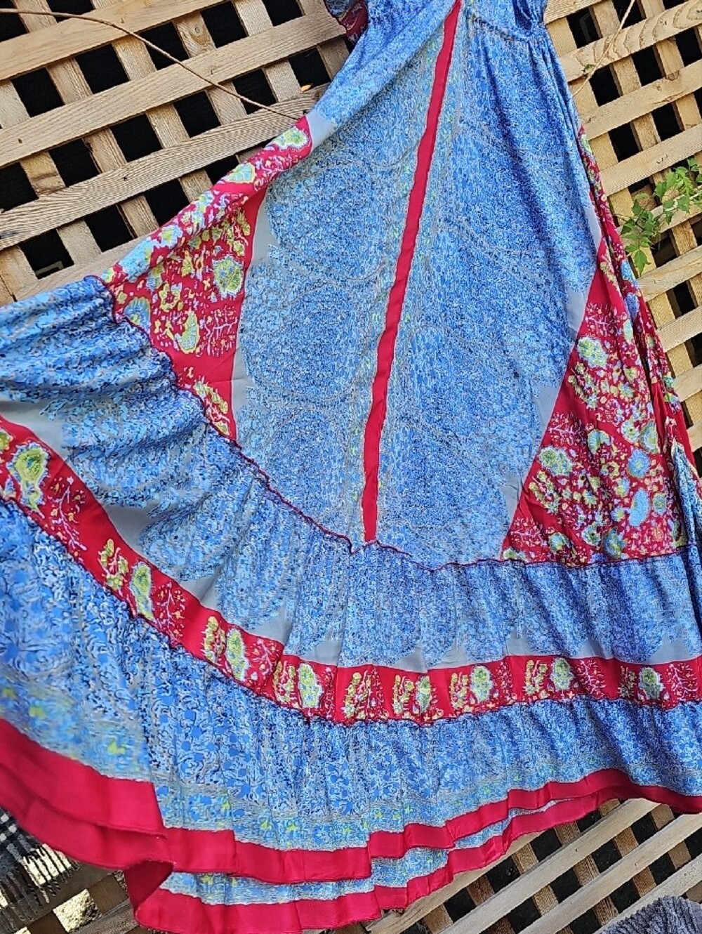 Bohemian Blue Floral SILK Maxi Dress with Red Accent - Picture 4 of 13